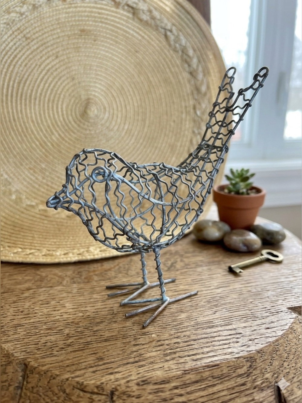 Handmade Wire Bird Sculpture Figurine Rustic Farmhouse Metal Art Decor 7”